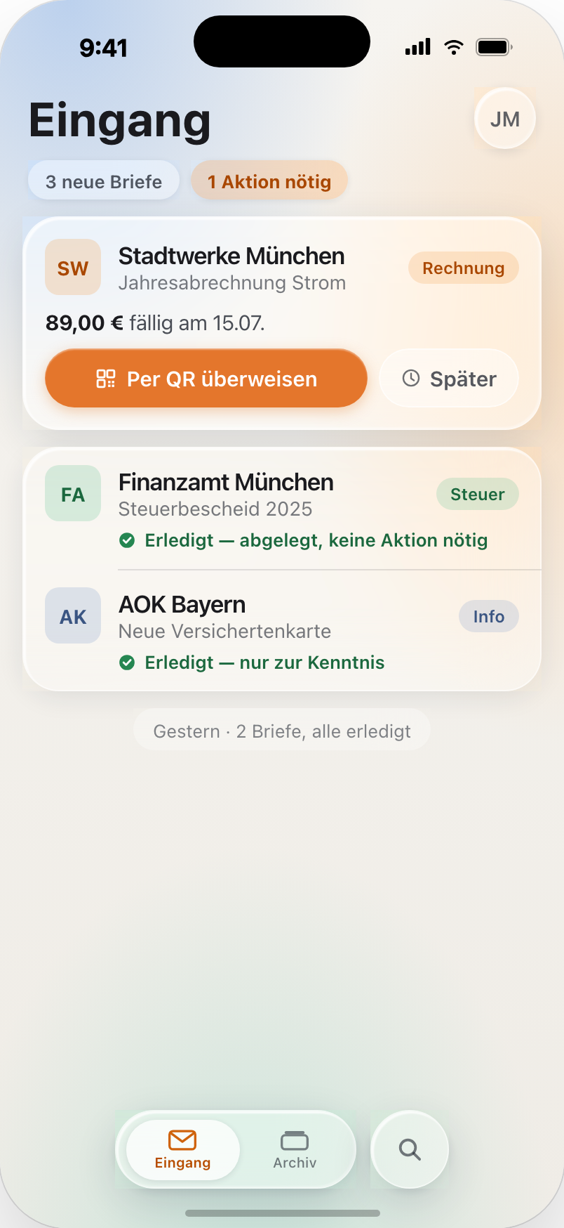 Papercut inbox screen showing arrived letters with a ready-to-pay invoice
