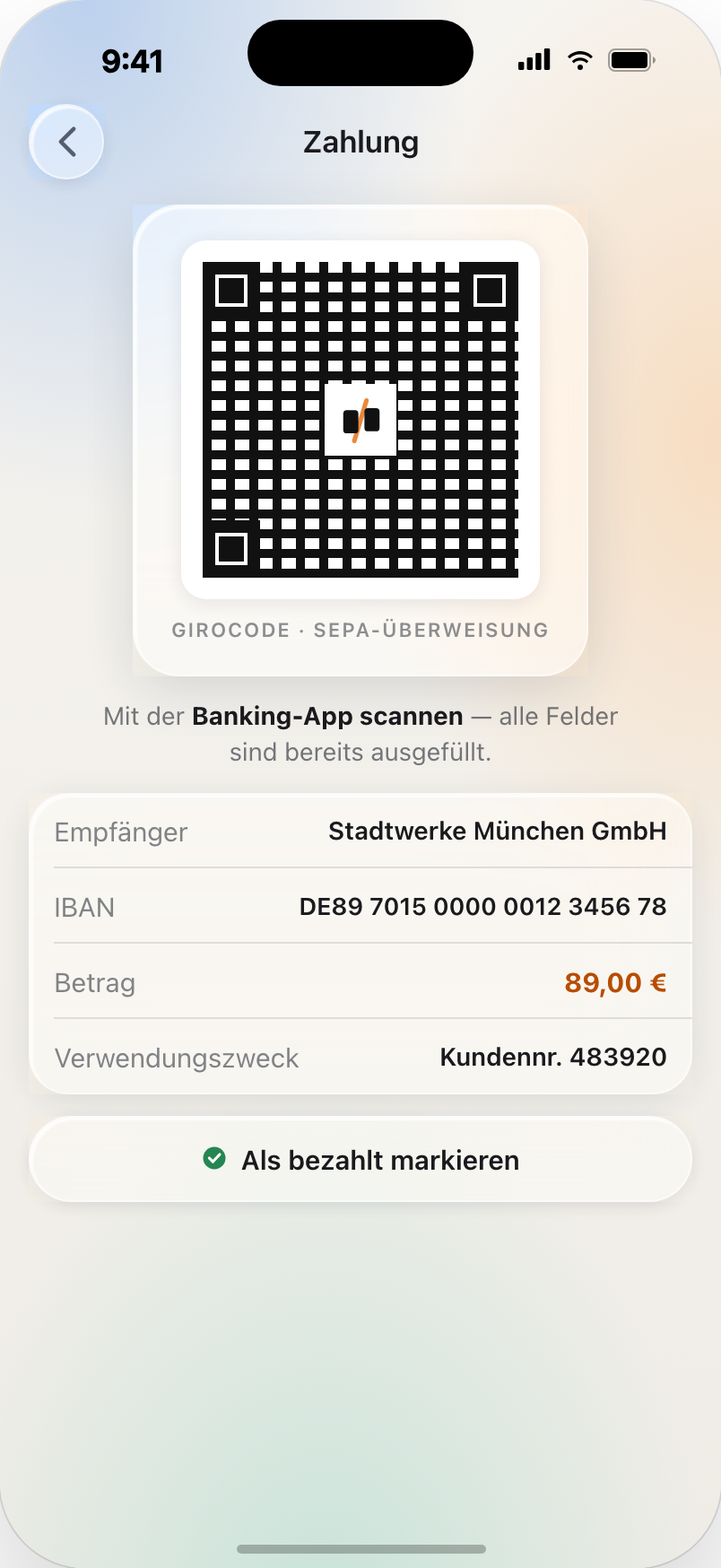 SEPA payment QR code ready to scan with a banking app